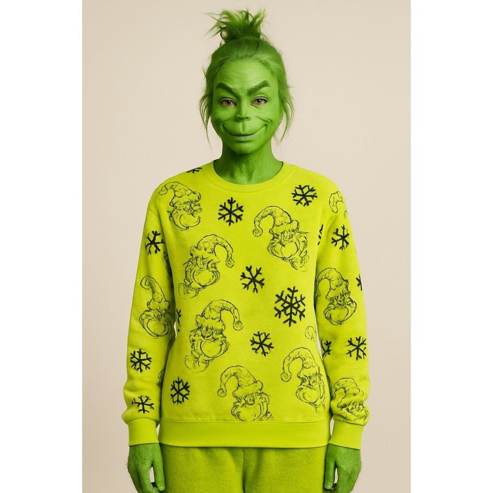The Grinch Holiday Fleece Sweatshirt – Bright Green, Graphic Print, Size M